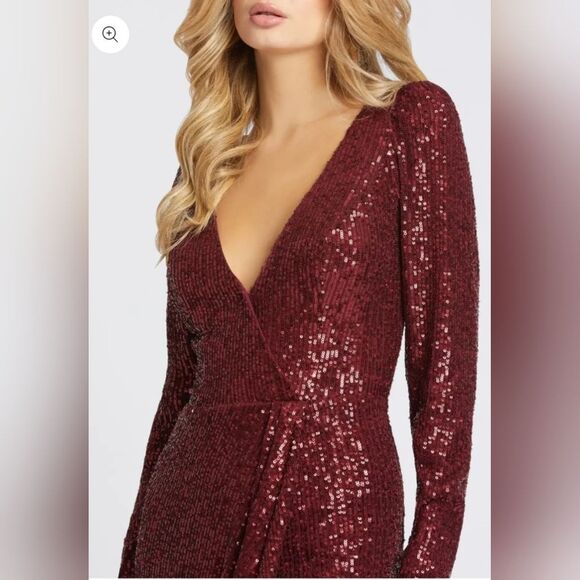 Mac Duggal 26395 Faux Wrap Long Sleeve Sequin Gown New Size 6 Wine Red - Picture 3 of 6